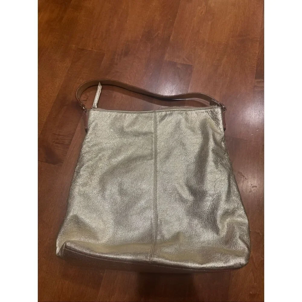 Kate Spade New York Metallic Gold Leather Shoulder Bag Tote Purse Striped Lining